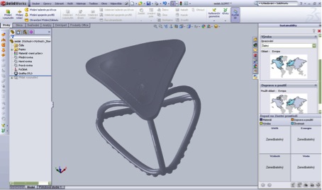 Obr. 4 3D model  stoličky DIPPO OFFICE v prostredí DS SolidWorks s aktivovaným nástrojom SustainabilityXpress 